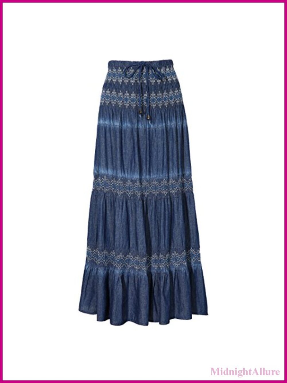 High Waist Pleated Tiered Maxi Skirt Cotton Chambray Elastic Waistband